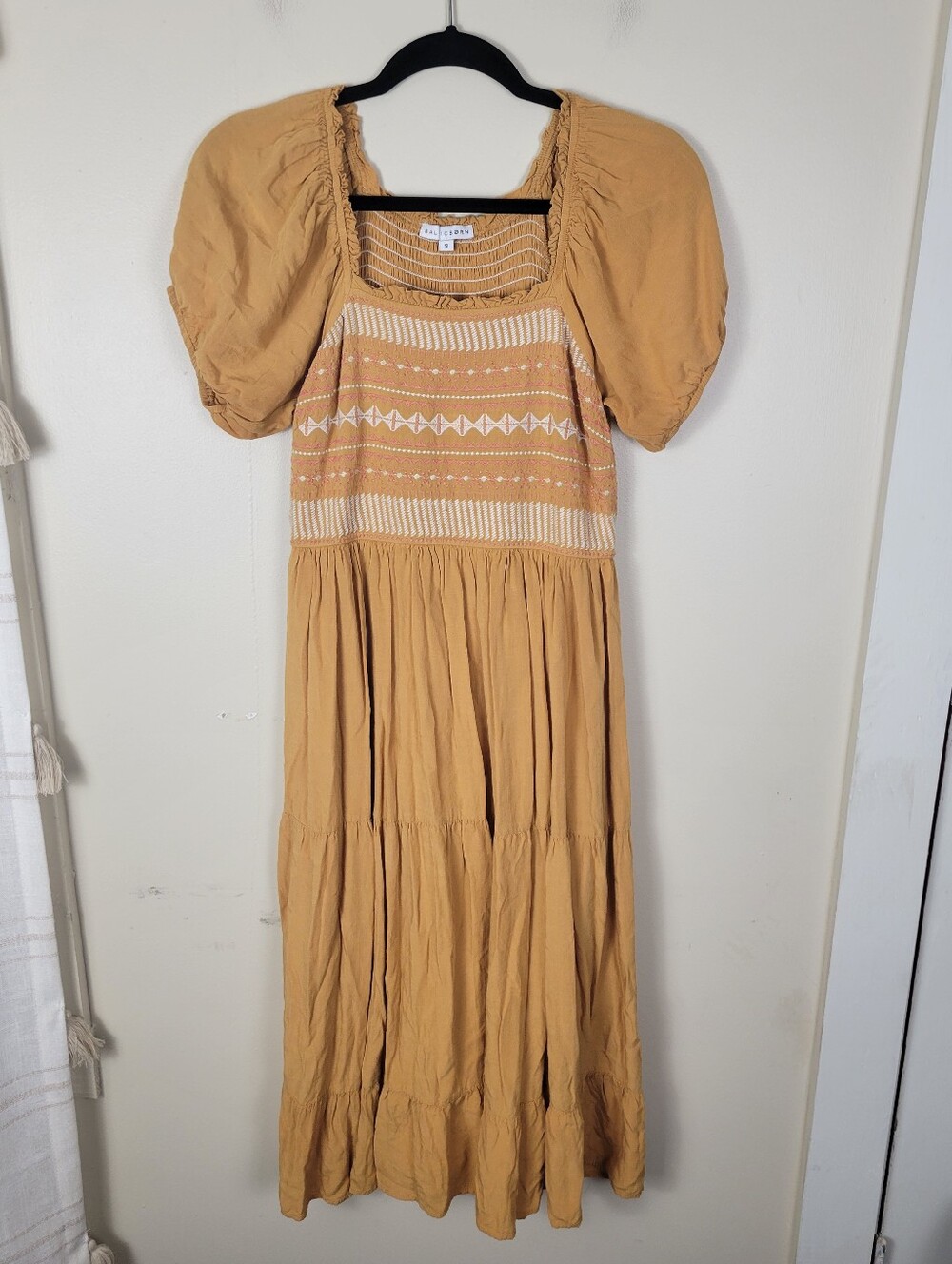 Baltic Born Embroidered Yellow Short Puff Sleeve Midi Dress - Picture 2 of 6